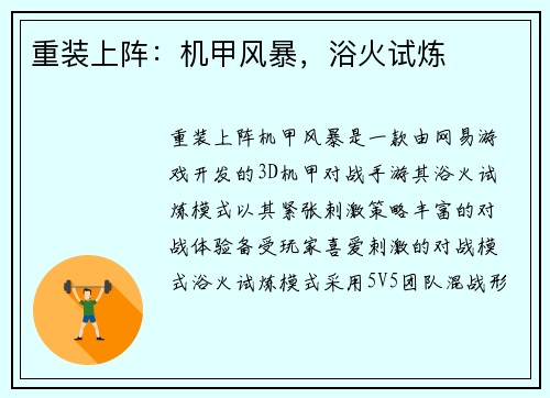 重装上阵：机甲风暴，浴火试炼