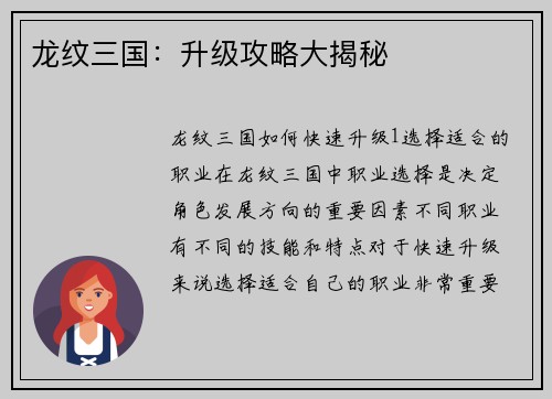 龙纹三国：升级攻略大揭秘