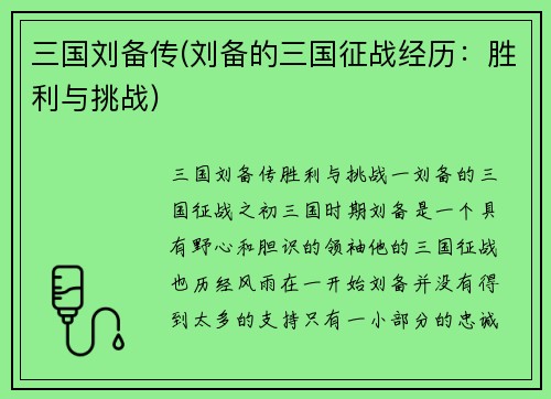 三国刘备传(刘备的三国征战经历：胜利与挑战)
